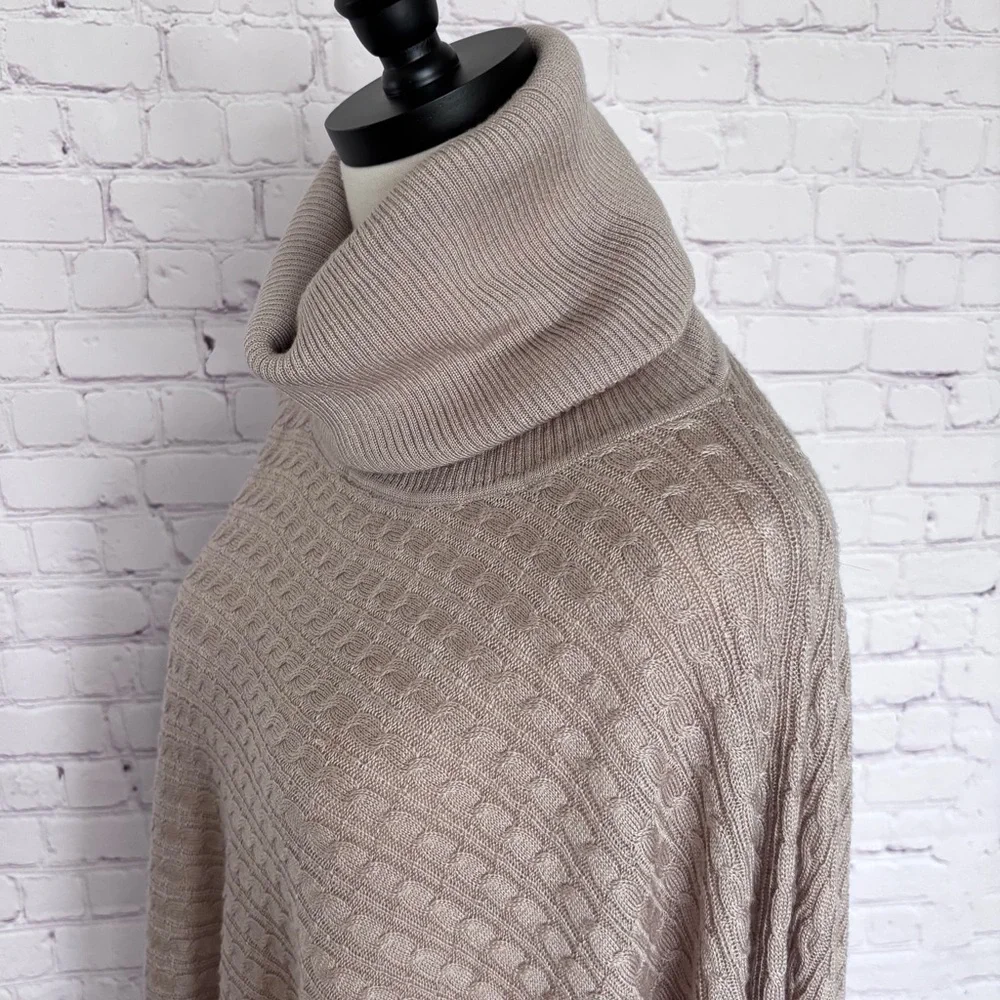 BOSTON PROPER Tan Cable Knit Turtleneck Poncho Sweater--EUC--XS/S - Picture 3 of 14